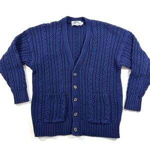 Vintage Smythe V Neck Cable Knit Fisherman Cardigan Sweater Blue